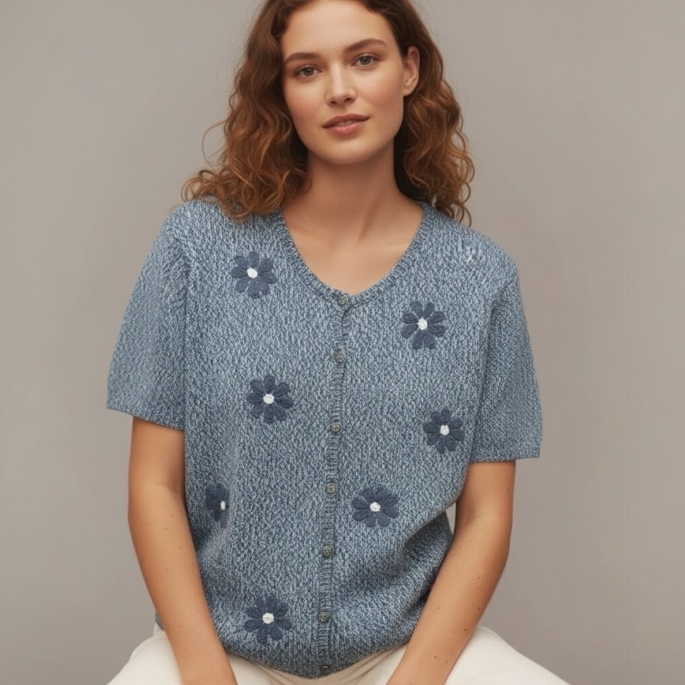 Vtg 90s Hand Embroidered Floral Short Sleeve Knit Sweater Top Size Large Blue